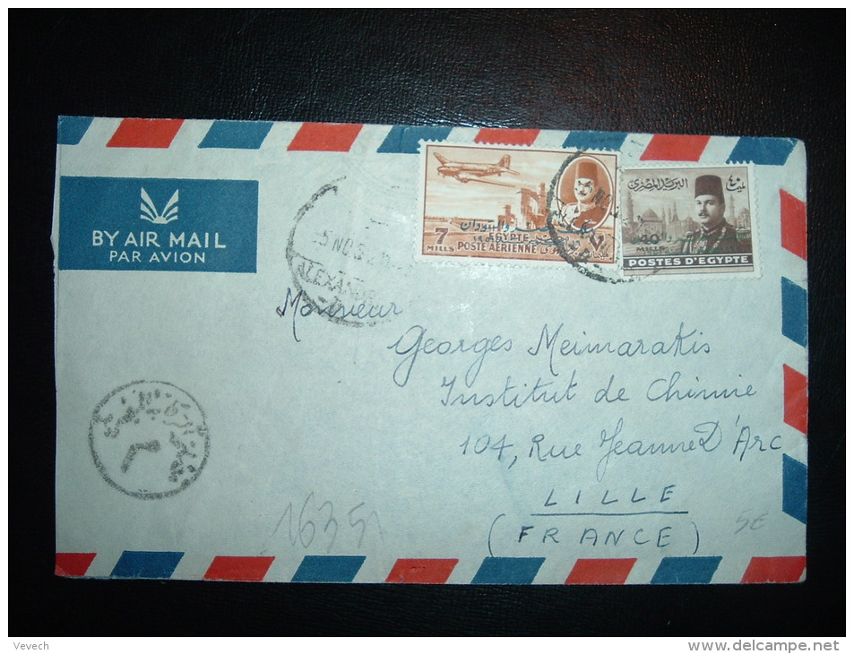 LETTRE PAR AVION POUR LA FRANCE TP 40M + 7M SURCHARGES OBL. 5 NO 52 ALEXANDRIA  + CENSURE - Storia Postale