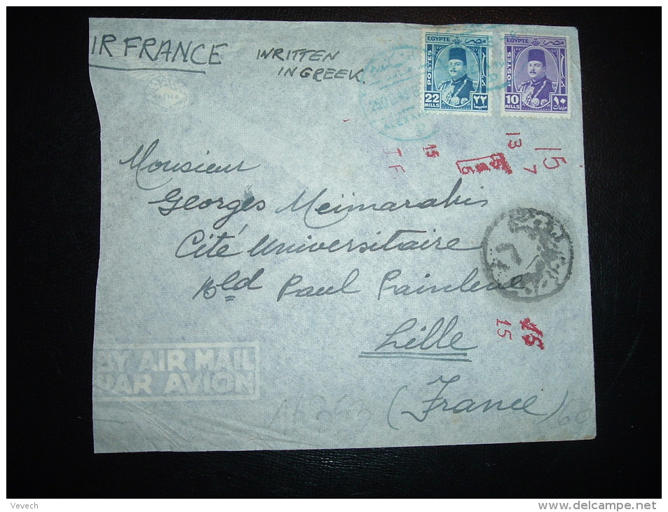 LETTRE PAR AVION (AIR FRANCE) POUR LA FRANCE TP 22M + 10M OBL.BLEUE 25 DE 48 ALEXANDRIA  + CENSURE - Cartas & Documentos