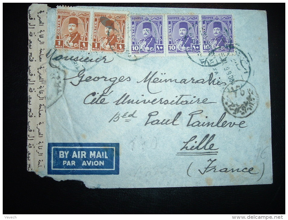 LETTRE PAR AVION POUR LA FRANCE TP 10M X3 + 1M X2 OBL.BLEUE 3 MA .9 ALEXANDRIA  + CENSURE - Storia Postale