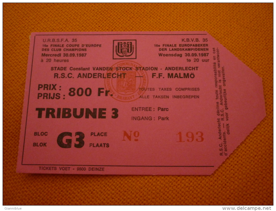 RSC Anderlecht-Malmo Football UEFA Champions League Match Ticket Billet 30/09/1987 - Tickets D'entrée