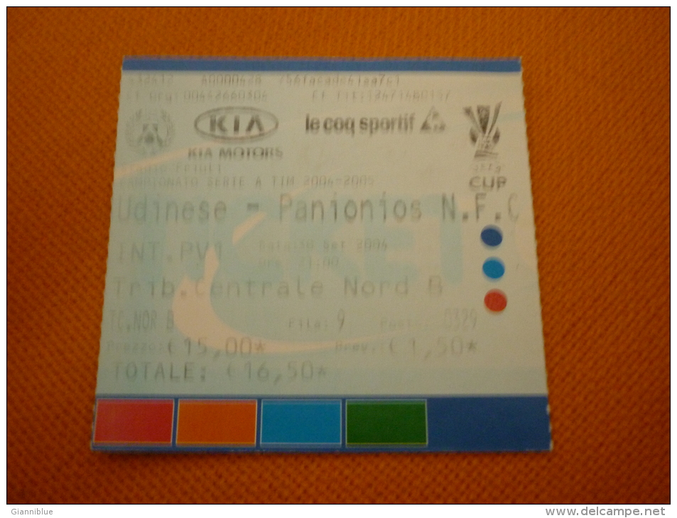 Udinese-Panionios Football UEFA Cup Match Ticket Billet - Eintrittskarten