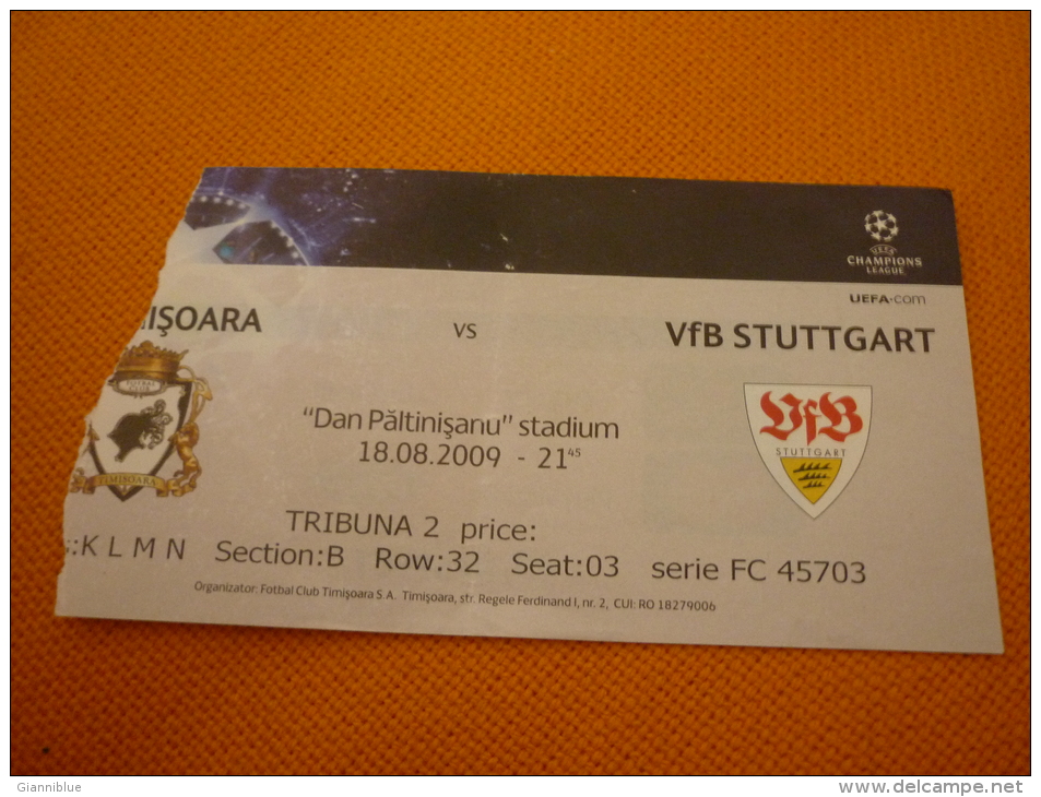 Timisoara-VfB Stuttgart Football UEFA Champions League Match Ticket Billet 18/08.2009 - Eintrittskarten