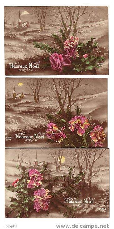Heureux Noël -  3 Cartes Paysage Similaire Avec Bouquet - Lune Clocher Neige - FURIA 1908 - Other & Unclassified