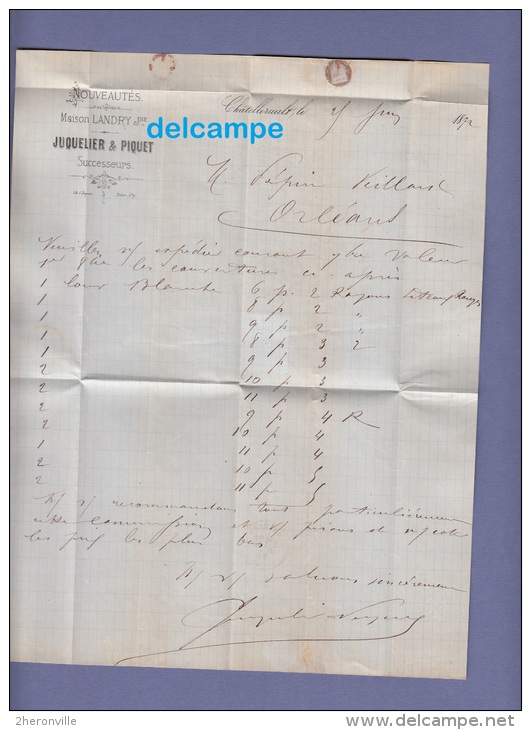 Lettre Ancienne De 1873 - CHATELLERAULT ( Vienne ) - Maison Landry Nouveautés - 1800 – 1899