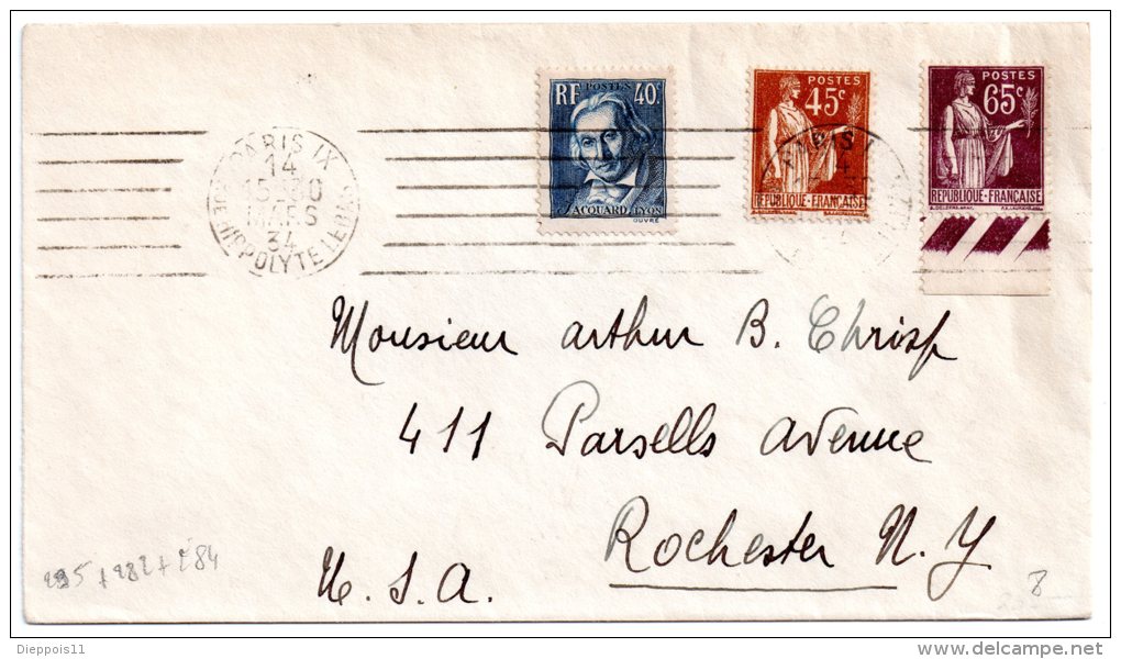 France Belle Lettre De Paris Pour Rochester USA Mars 1934 Avec Timbres N° Yvert 282+284+295 + Vignette Rue Saint Honoré - Lettres & Documents