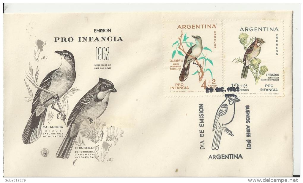 ARGENTINA 1962- FDC PRO INFANCIA PAJAROS - BIRDS C 2 SELLOS DE 4+2(CALANDRIA)-12+6(CHINGOLO) PESOS  POSTM B.AIRES DIC, 1 - FDC