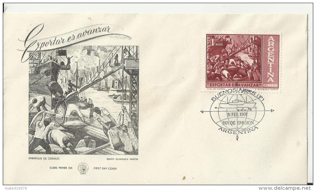 ARGENTINA 1961- FDC EXPORTAR ES AVANZAR - (DISEÑO EMBARQUE DE CEREALES- DE BENITO QUINQUELA MARTIN)  C 1 SELLO  DE 1 PES - FDC