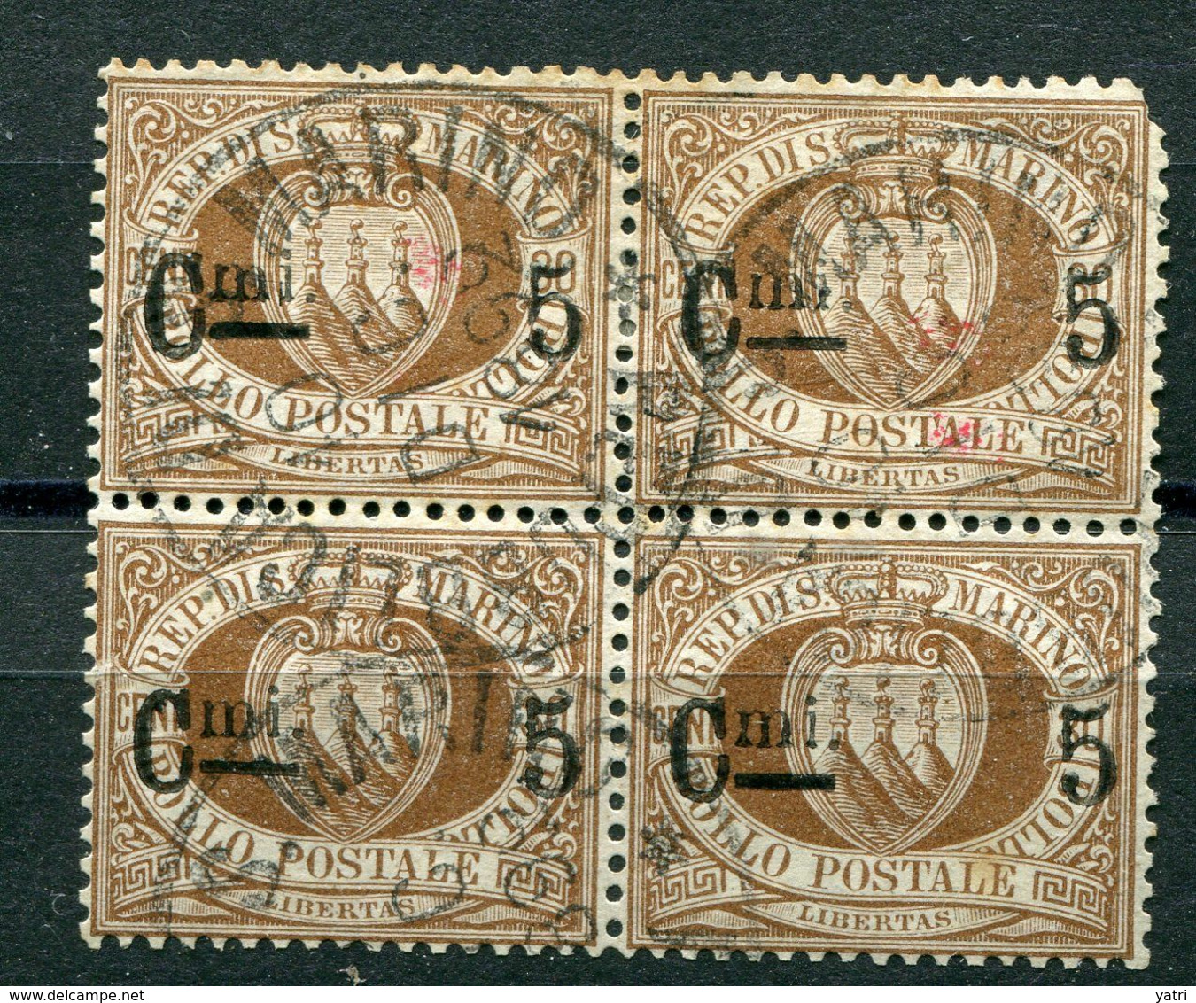 San Marino (1892) Soprastampati Sass. 9 - C.5 Su C.30 - In Quartina - Oblitérés