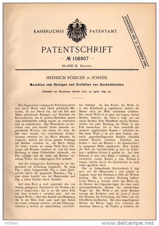 Original Patentschrift - H. Rödiger In Zossen , 1899 , Maschine Für Kuchenbleche , Kuchen , Bäckerei , Bäcker !!! - Maschinen