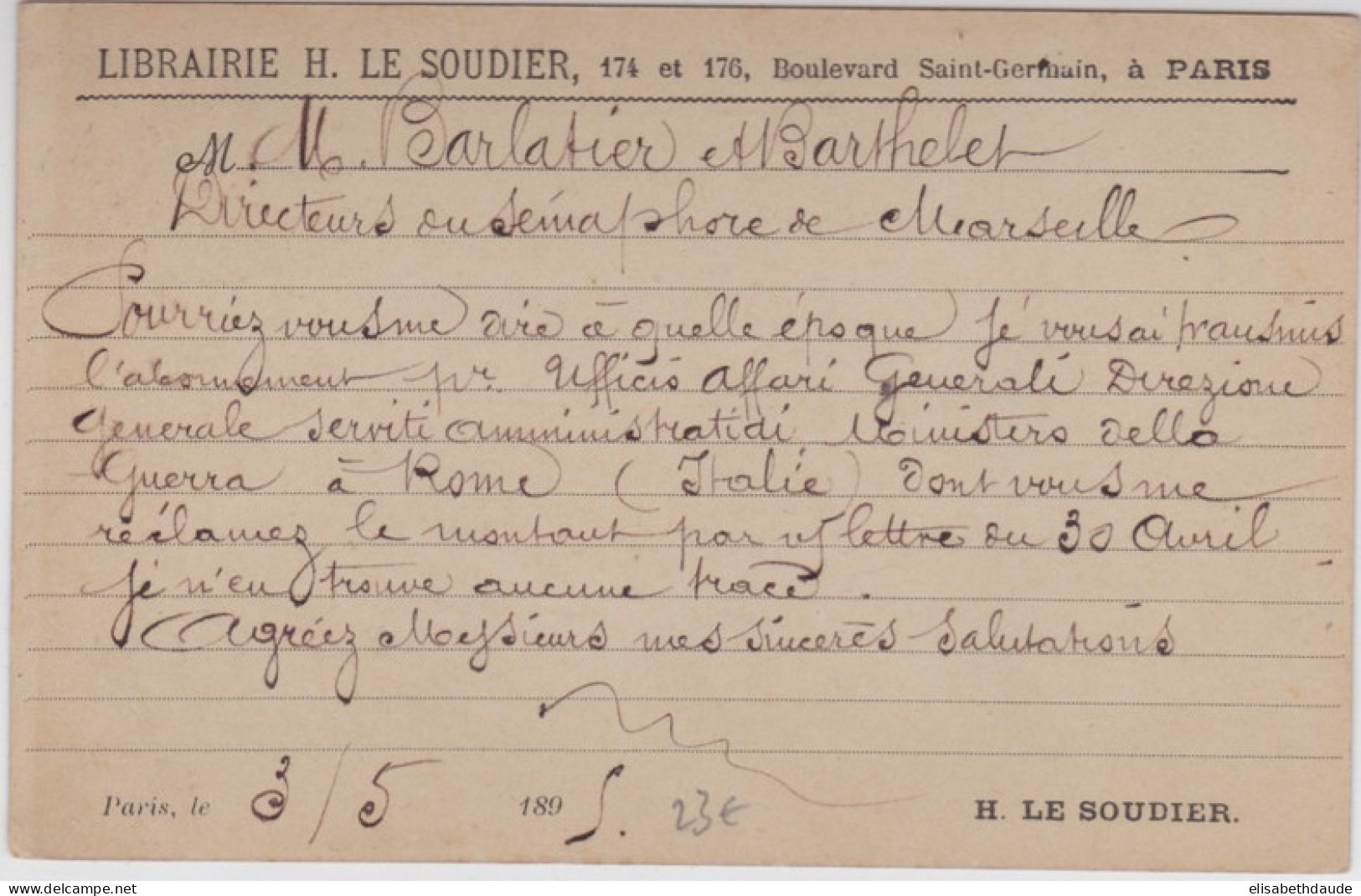 SAGE - 1895 - CARTE ENTIER POSTAL Avec REPIQUAGE De La LIBRAIRIE LE SOUDIER à PARIS - AK Mit Aufdruck (vor 1995)