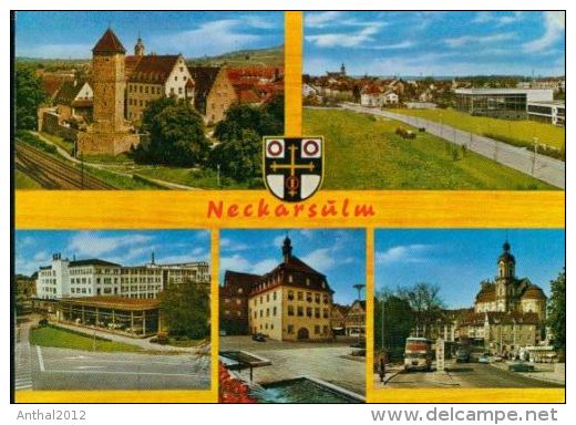 Neckarsulm MB Wappen Schule Fiat-Autohaus Bahnhof Doppeldecker-Omnibus 8.8.1977 - Neckarsulm