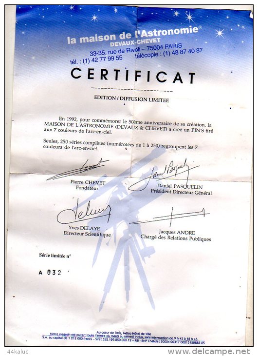 Lot De 7 Pin´s, 50ème Anniversaire De La Maison De L'Astronomie Avec Certificat - Altri & Non Classificati