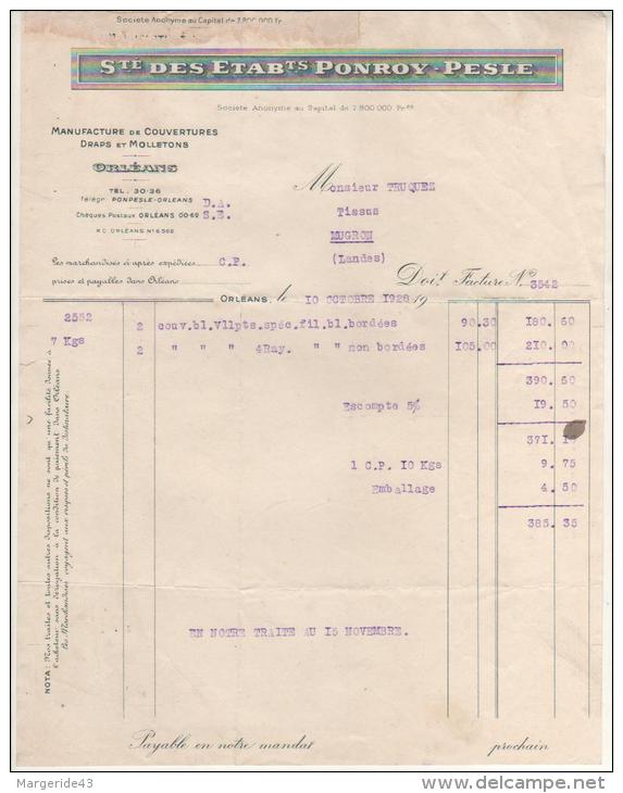 FACTURE ETS PONROY-PESLE à ORLEANS (LOIRET) 1928 - 1900 – 1949