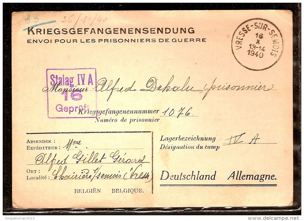 KRIJGSGEVANGENE Post Verstuurd Uit VRESSE - SUR - SEMOIS Dd. 16/10/1940 Naar DUITSLAND ! GEPRÜFT ! - Prisoners