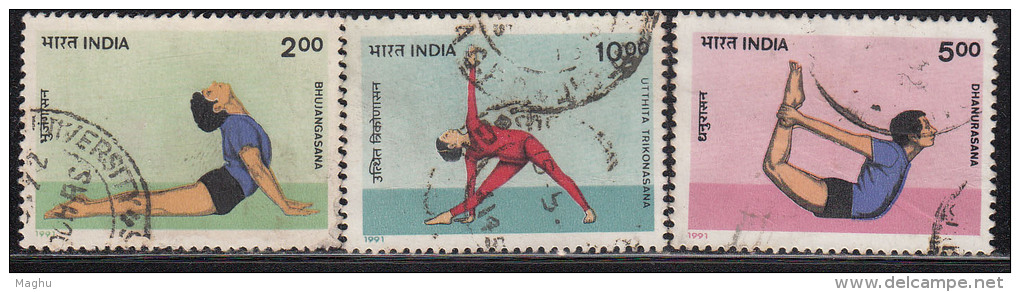 India Used 1991, 3 Different On Yoga, Yogasana - Oblitérés