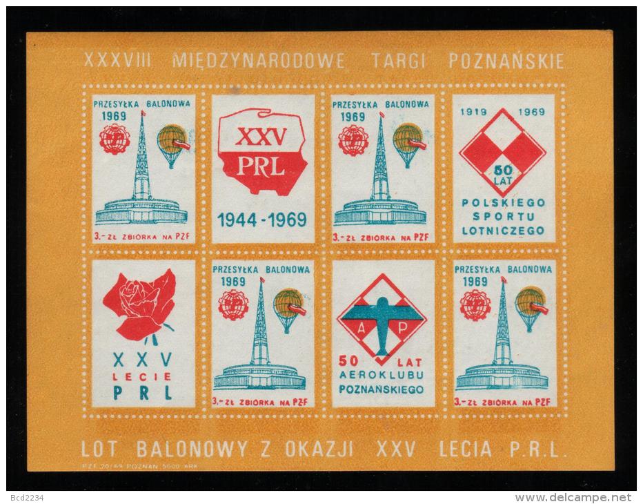 POLAND 1969 BALLOON POST 25TH ANNIV PEOPLE´S REPUBLIC 50 YEARS AIR SPORTS S/S NHM BALLOONS CINDERELLA - Otros & Sin Clasificación