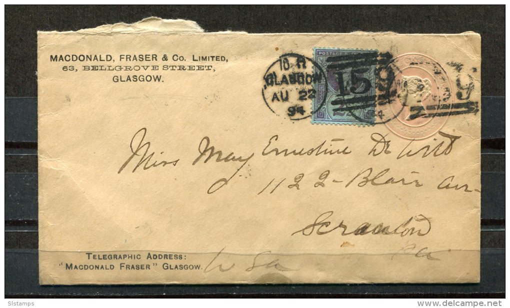 Great Britain 1894 Uprated Postal Stationary Coverr  To USA - Lettres & Documents