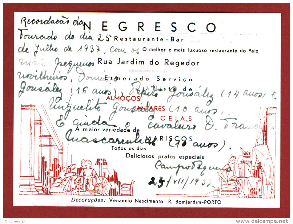 PORTUGAL - LISBOA -NEGRESCO - RESTAURANTE BAR - CALENDÁRIO - 1937 CALENDAR - Tamaño Pequeño : 1921-40