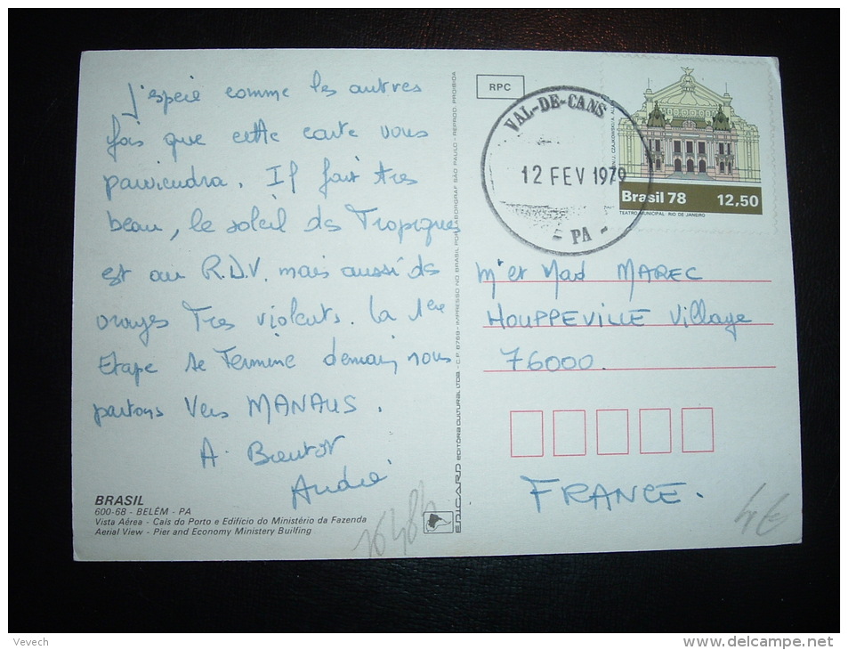 CP POUR LA FRANCE TP TEATRO MUNICIPAL RIO DE JANEIRO 12,50 OBL. 12 FEV 1979 VAL-DE-CANS -PA- - Storia Postale