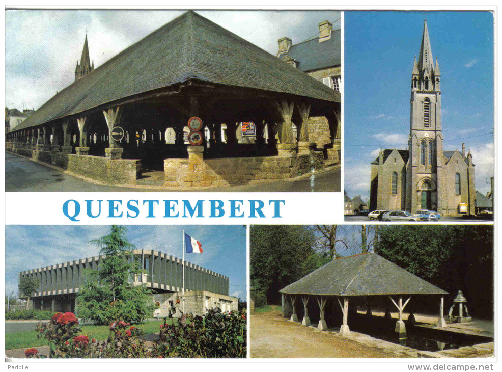 Carte Postale 56. Questembert  Les Halles L'église Lavoir Et La Mairie Trés Beau Plan - Questembert