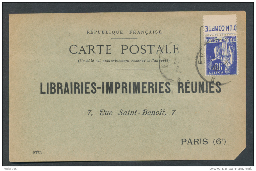 Type Paix 90c Bleu Avec Pub CCP Sur Carte Postale - Autres & Non Classés