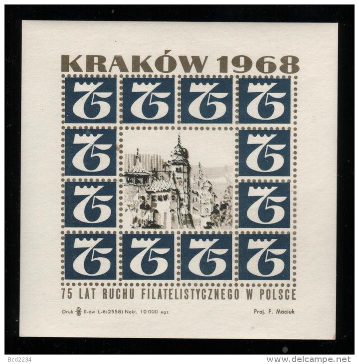 POLAND 1968 75TH ANNIV POLISH PHILATELIC FEDERATION PHILATELIC S/S KRAKOW NHM T2 BLUE ARCHITECTURE UNESCO HERITAGE - Otros & Sin Clasificación