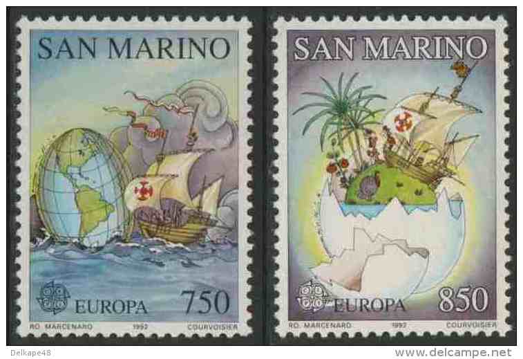 San Marino 1992 Mi 1508 /9 ** Egg-shaped Globe, Caravel + Caravel , Island Inside Broken Egg / Landung + Karte Route - Christoffel Columbus