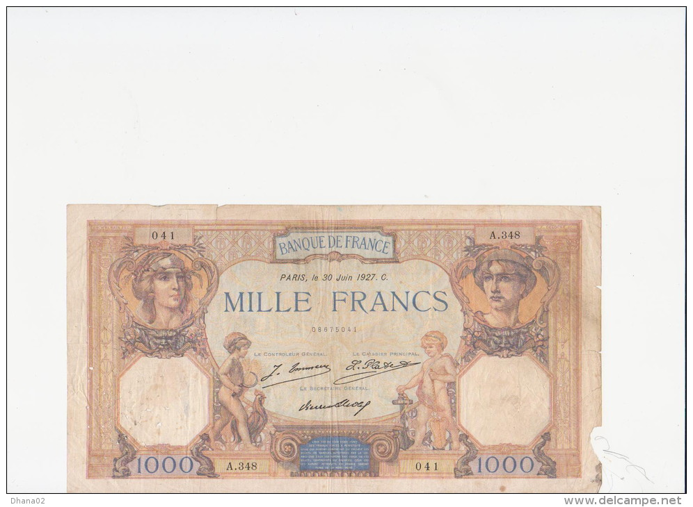 MILLE FRANCS  Ceres Mercure 30 06 1927 (occasion) - 1 000 F 1927-1940 ''Cérès Et Mercure''