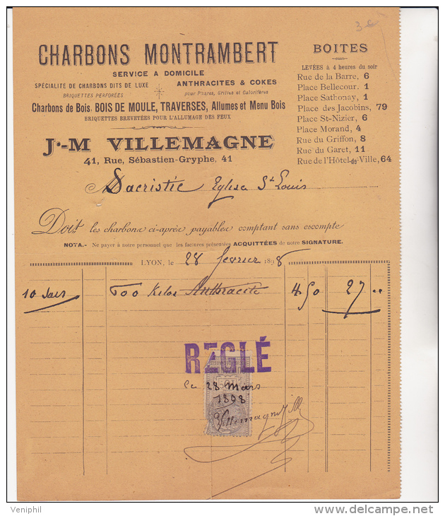 FACTURE TIMBREE CHARBONS  MONTRAMBERT -JM VILLEMAGNE -LYON- 1898 - Altri & Non Classificati