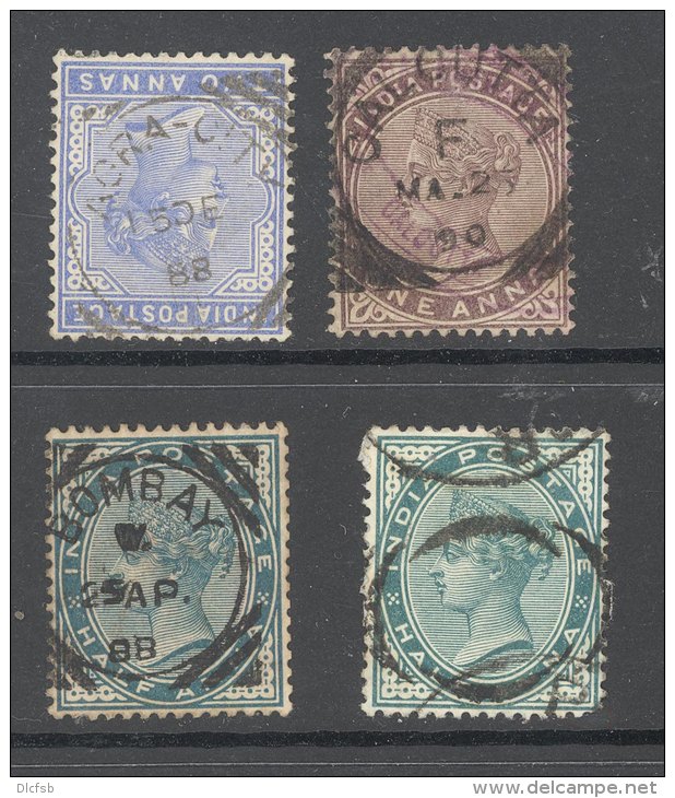 INDIA, ""6 Fine Crescents"" +3 Squared Circle Postmarks  On QVictoria Stamps #1 - 1882-1901 Empire