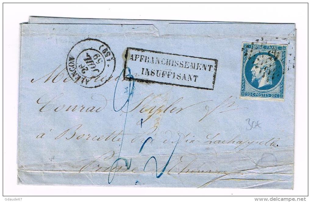 1859 - ORNE - LETTRE De ALENCON  Pour L´ALLEMAGNE Avec RARE TAXE MANUSCRITE De 2,5 Pour AFFRANCHISSEMENT INSUFFISANT - 1849-1876: Période Classique