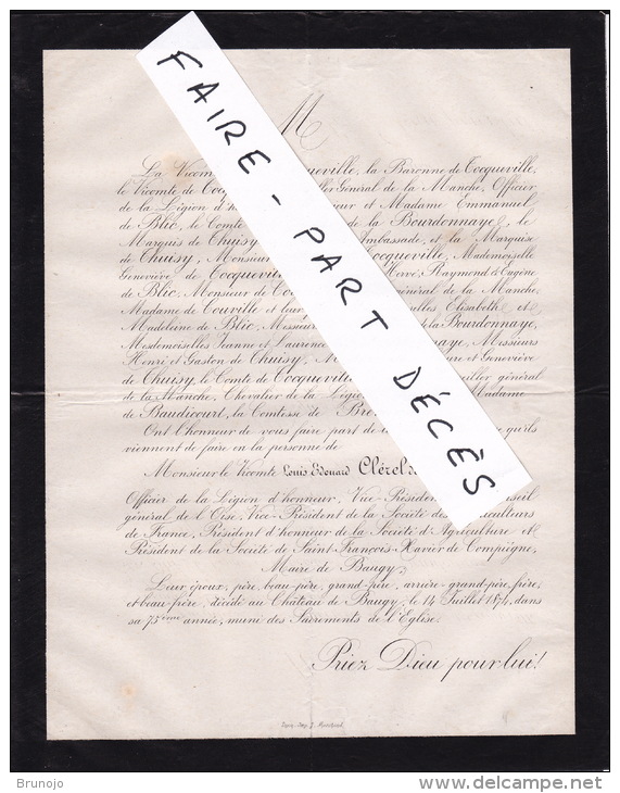 Faire-part Décès M. Le Vicomte Louis Edouard CLEREL DE TOCQUEVILLE, Château De Baugy; 1874 - Obituary Notices