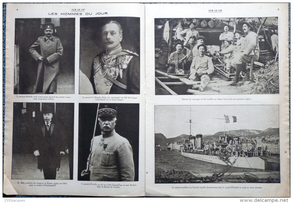 SUR LE VIF N° 91 / 05-08-1916 NICOLAS II ARGONNE DOUGLAS HAIG TORPILLEUR CHASSEURS ALPINS FOKKER LLOYD GEORGE POINCARÉ - Oorlog 1914-18