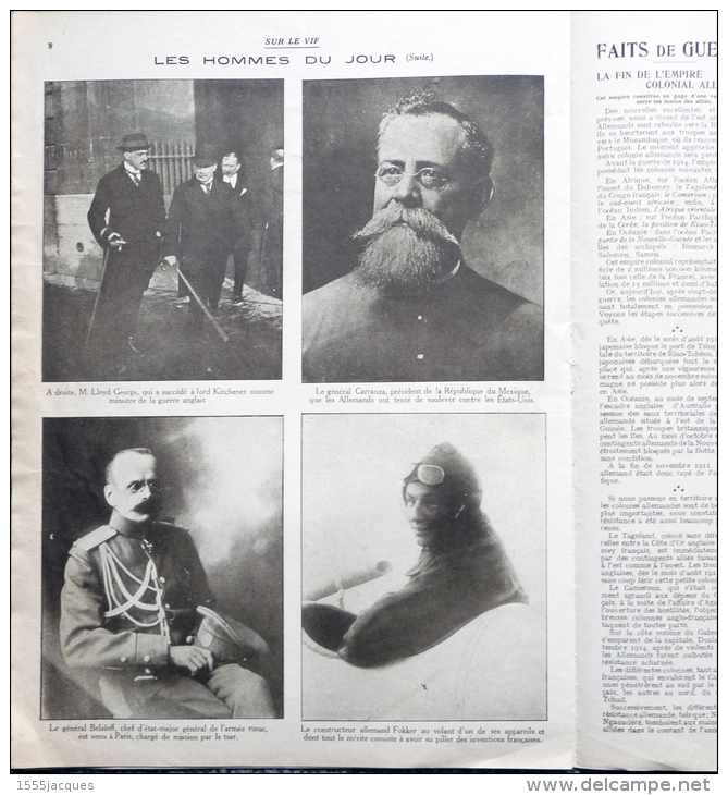 SUR LE VIF N° 91 / 05-08-1916 NICOLAS II ARGONNE DOUGLAS HAIG TORPILLEUR CHASSEURS ALPINS FOKKER LLOYD GEORGE POINCARÉ - Guerre 1914-18