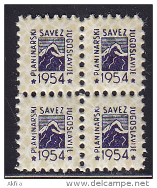 2373. Yugoslavia, 1954, Label, Mountaineers Federation Of Yugoslavia, Block Of 4, MNH (**) - Nuovi