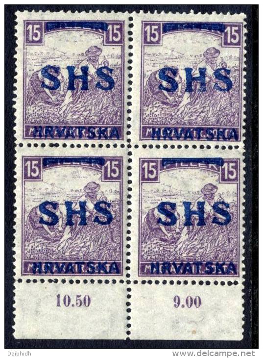 YUGOSLAVIA 1918 15 F. Harvesters With White Numerals With SHS Overprint In Block Of 4 MNH / **.  Michel  63 - Neufs