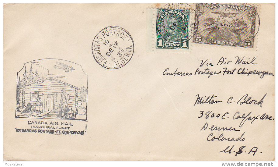 Canada Airmail Inaugural Flight EMBARRAS PORTAGE (Alberta) - FORT CHIPEWAYN 1931 Cover Lettre To United States (2 Scans) - Premiers Vols