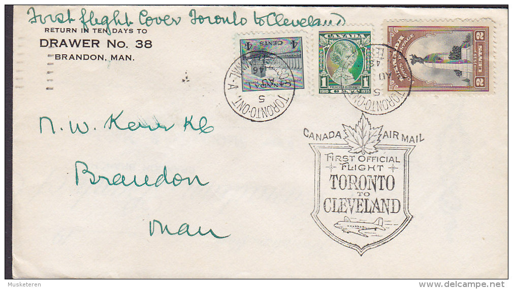 Canada Airmail 1st First Flight TORONTO - CLEVELAND (Ohio) 1946 Cover Lettre To BRANDON Man. (2 Scans) - First Flight Covers