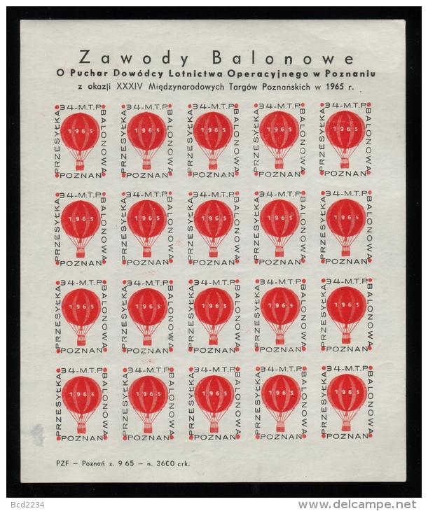 POLAND 1965 XXXIV INTERNATIONAL POZNAN TRADE FAIR SHEET OF 20 BALLOON POST STAMPS NHM CINDERELLA BALLOONS - Balloons