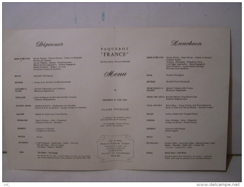 @ MENU DU PAQUEBOT FRANCEDU 21 JUIN 1963 CLASSE TOURISTE - Menus