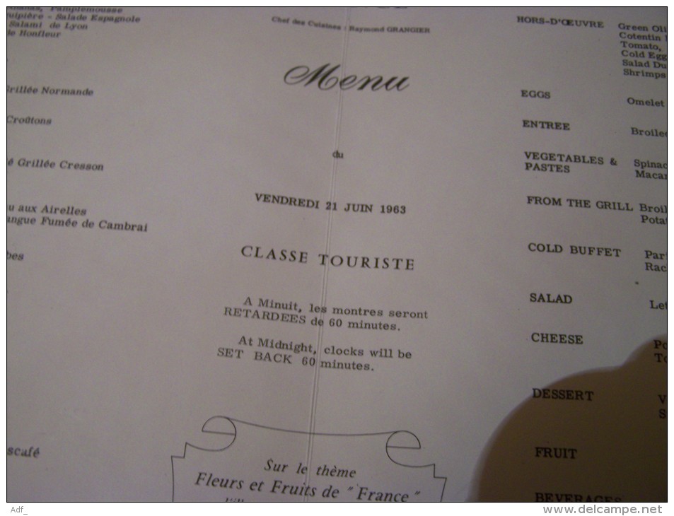 @ MENU DU PAQUEBOT FRANCEDU 21 JUIN 1963 CLASSE TOURISTE - Menus