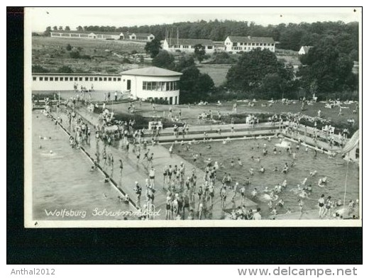 Wolfsburg Luftbildaufnahme Schwimmbad Freibad Sw Kleinformat 1.8.1955 VW Stempel - Wolfsburg