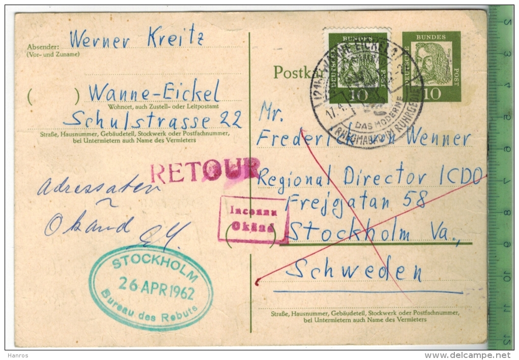 Geschäftspost, Retour  Um 1960/1970, Verlag: -----, POSTKARTE,  Mit Frankatur, Mit Stempel, WANNE EICKEL  17.4.62 - Herne