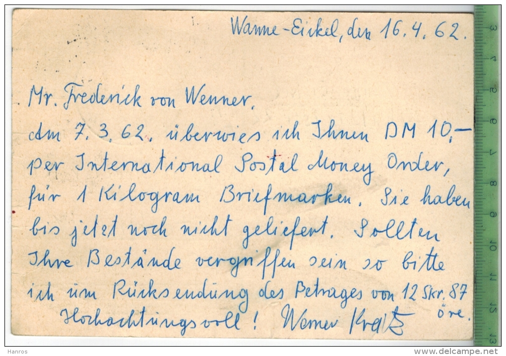 Geschäftspost, Retour  Um 1960/1970, Verlag: -----, POSTKARTE,  Mit Frankatur, Mit Stempel, WANNE EICKEL  17.4.62 - Herne