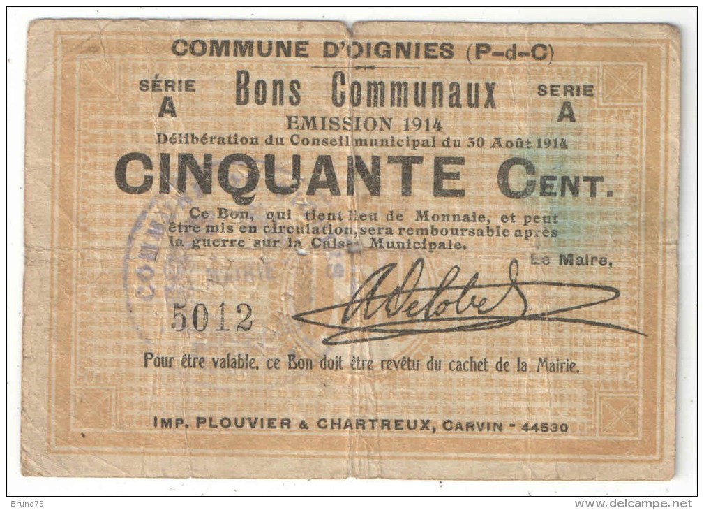 OIGNIES (62 - Pas-de-Calais) - Bon Communal 50 Centimes - 1914 - Bons & Nécessité