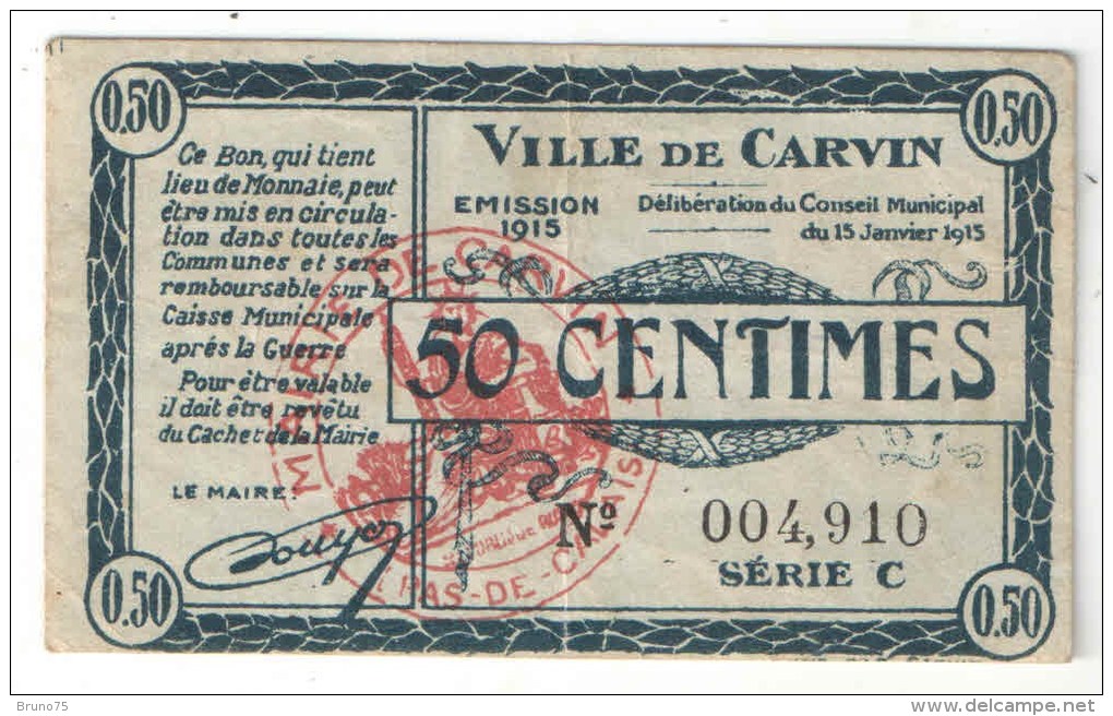 CARVIN (62 - Pas-de-Calais) - Bon Communal 50 Centimes - 1915 - Bons & Nécessité