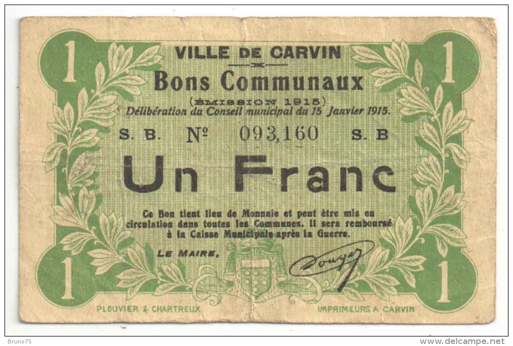 CARVIN (62 - Pas-de-Calais) - Bon Communal 1 Franc - 1915 - Bons & Nécessité