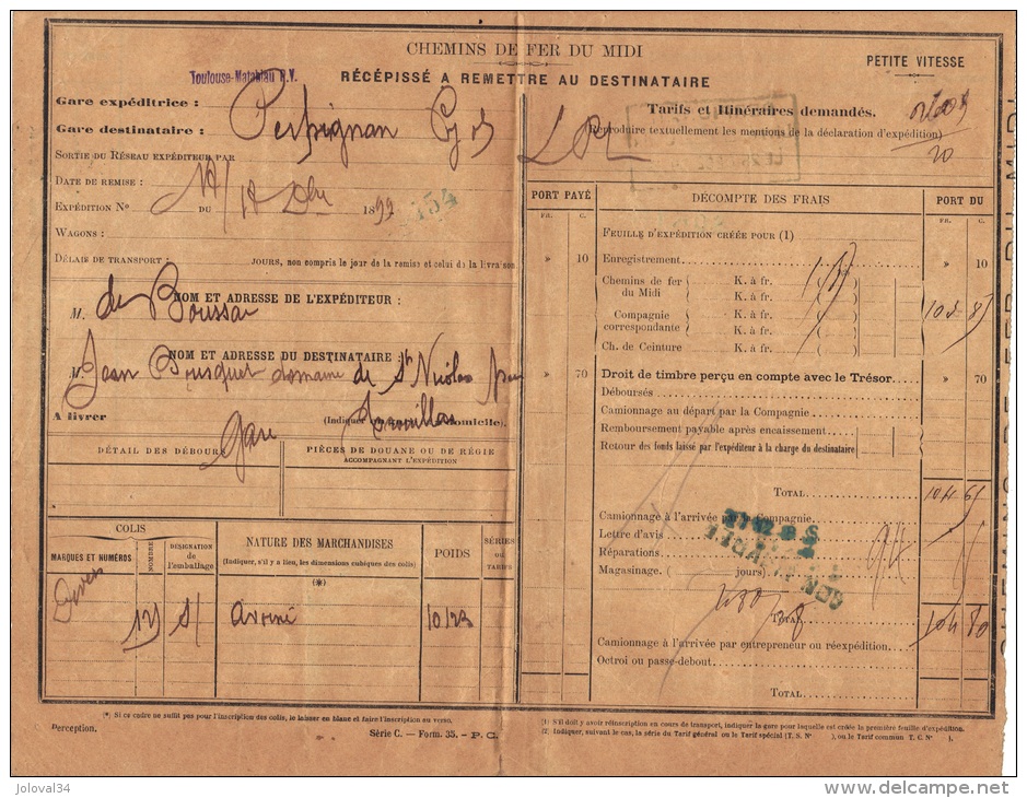 Récépissé CHEMINS De FER Du MIDI - 18/12/ 1899 - TOULOUSE MATABIAU PV - Cachet PERPIGNAN   Pyrénées Orientales - Verkehr & Transport