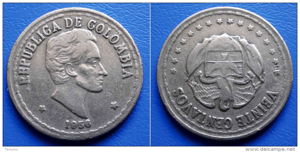 COLUMBIA COLOMBIA  20 (VEINTE) Centavos 1956 SMALL DATE - SIMON BOLIVAR - Colombia