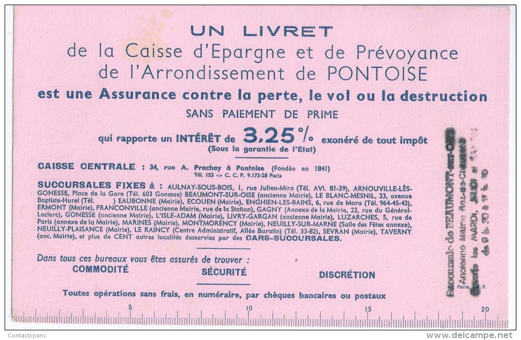 Livret      "  CAISSE D' EPARGNE  De PONTOISE    "       -   Ft  =  21 Cm  X 13.5 Cm - Banche